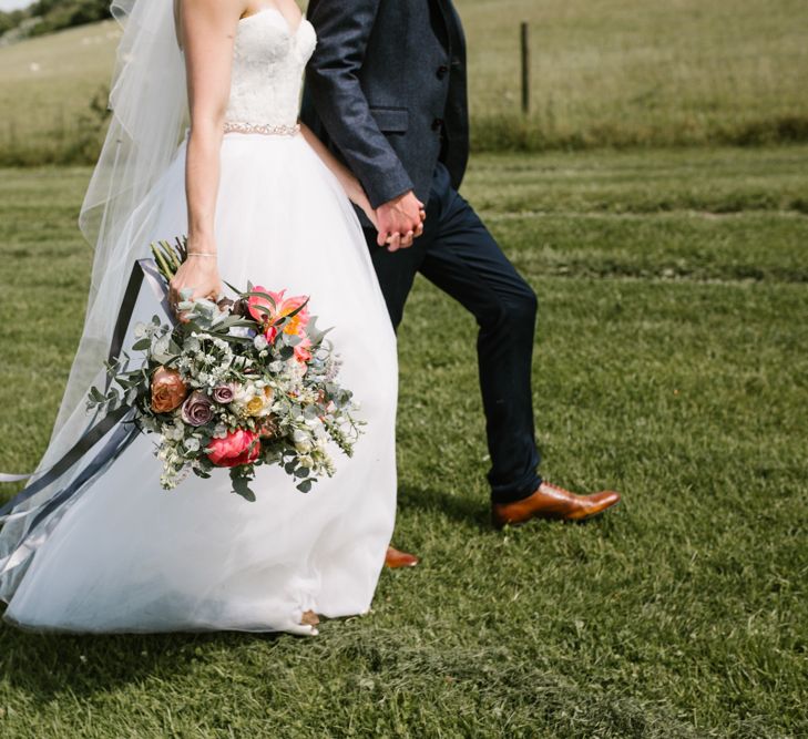 Coral Peony Bouquet | Bride in Sarah Seven Gown | Groom in Ted Baker & Next | DIY Wedding at Upwaltham Barns with Bright Flowers | Danielle Victoria Photography