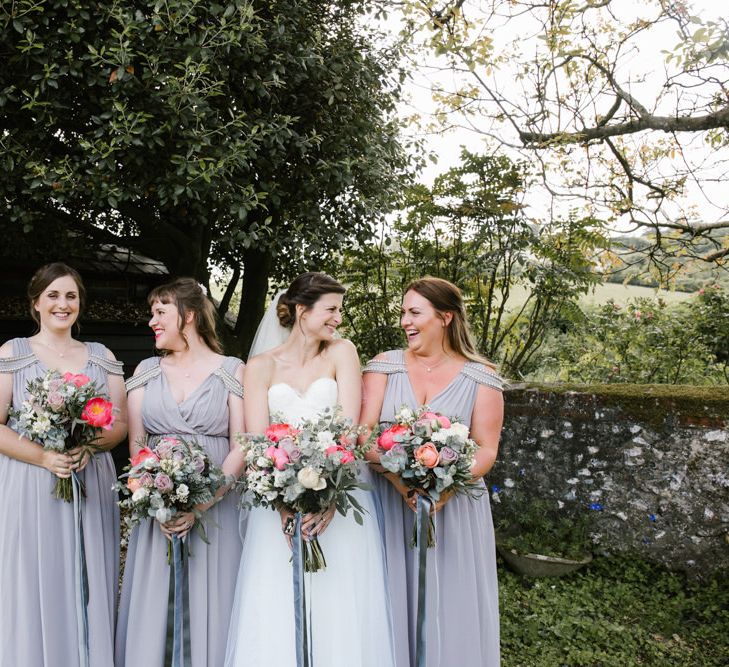 Bridesmaids in Grey ASOS Dresses | Bride in Sarah Seven Gown | DIY Wedding at Upwaltham Barns with Bright Flowers | Danielle Victoria Photography