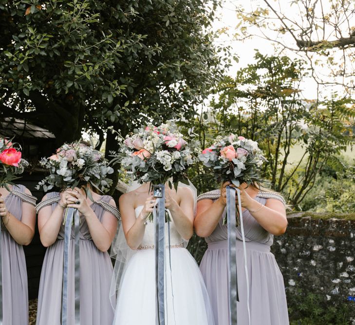 Pink Peony & Eucalyptus Bouquets with Ribbon | Bridesmaids in Grey ASOS Dresses | Bride in Sarah Seven Gown | DIY Wedding at Upwaltham Barns with Bright Flowers | Danielle Victoria Photography