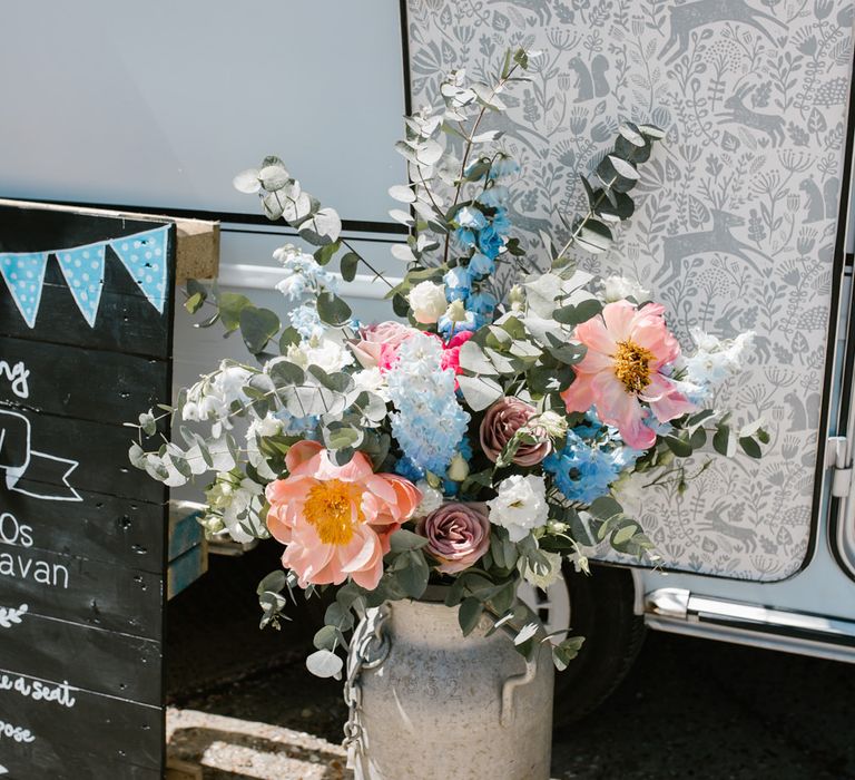 Wild Flower Milk Churn | DIY Wedding at Upwaltham Barns with Bright Flowers | Danielle Victoria Photography