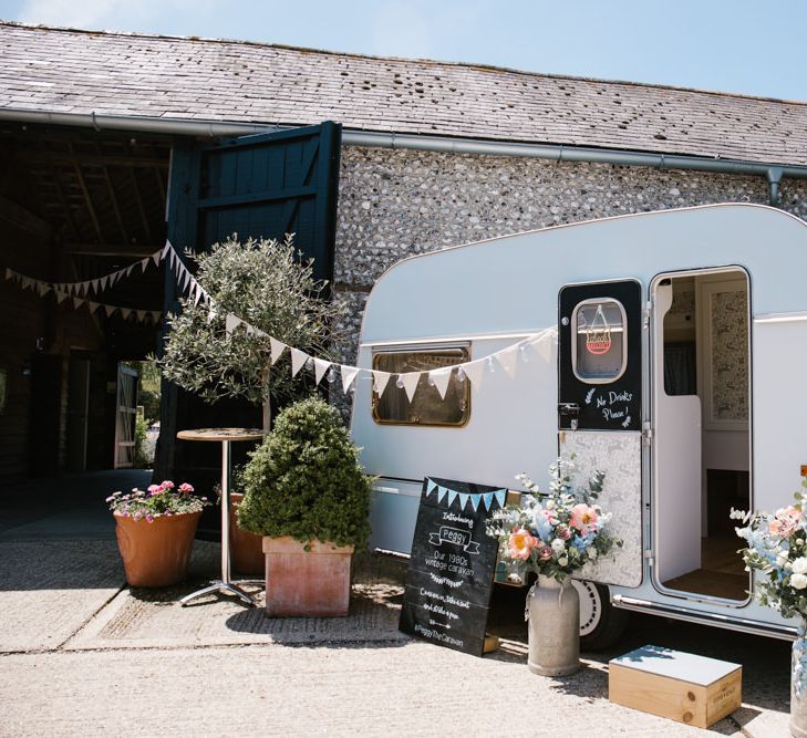 Vintage Caravan Photo Booth | DIY Wedding at Upwaltham Barns with Bright Flowers | Danielle Victoria Photography