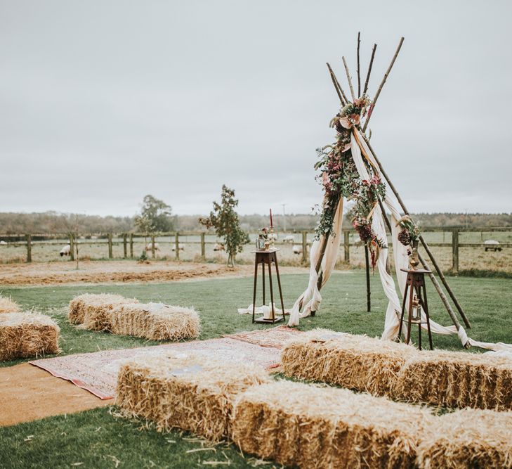 Naked Tipi Wedding Altar & Hay Bale Seating For Wedding Ceremony