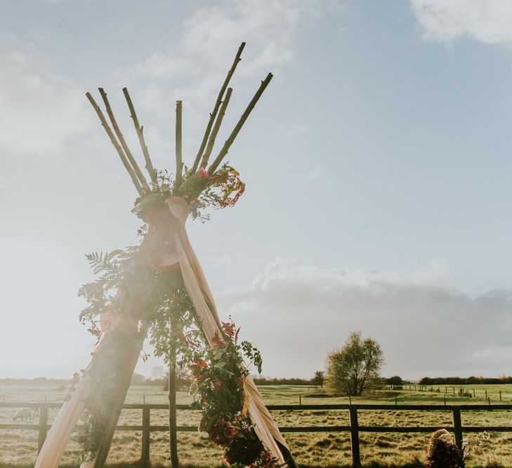 Naked Tipi Wedding Altar & Hay Bale Seating For Wedding Ceremony