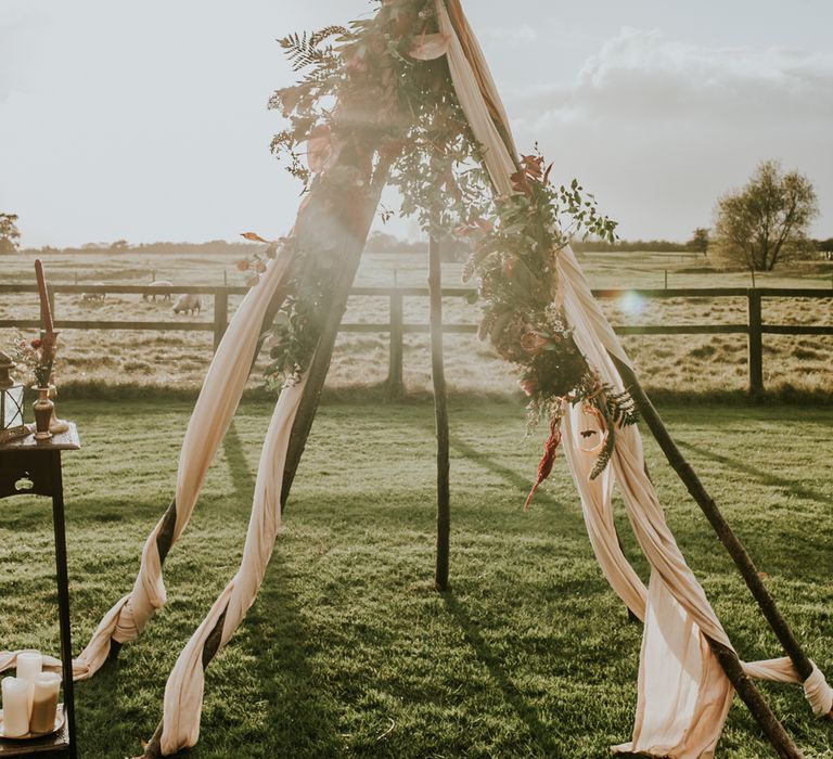 Naked Tipi Wedding Altar & Hay Bale Seating For Wedding Ceremony