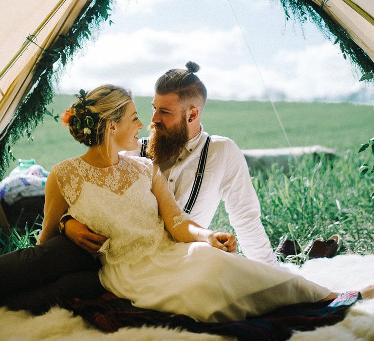 Wild Tipi Bell Tent with Bride in Claire L Headdon Bridal Gown | Images by Olivia Bossert Photography |