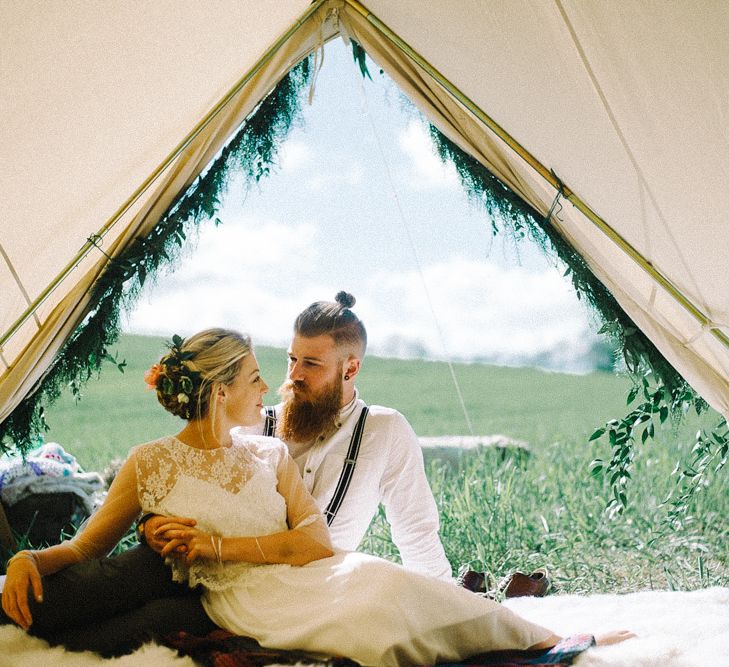 Wild Tipi Bell Tent with Bride in Claire L Headdon Bridal Gown | Images by Olivia Bossert Photography |