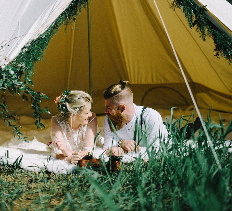 Wild Tipi Bell Tent with Bride in Claire L Headdon Bridal Gown | Images by Olivia Bossert Photography |