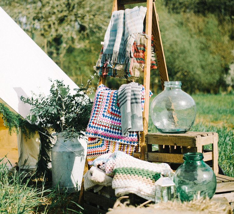 Vintage Step Ladder & Blankets Wedding Decor