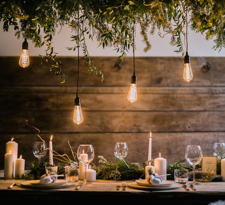 Edison Bulb Installation For Stylish Winter Wedding Inspiration