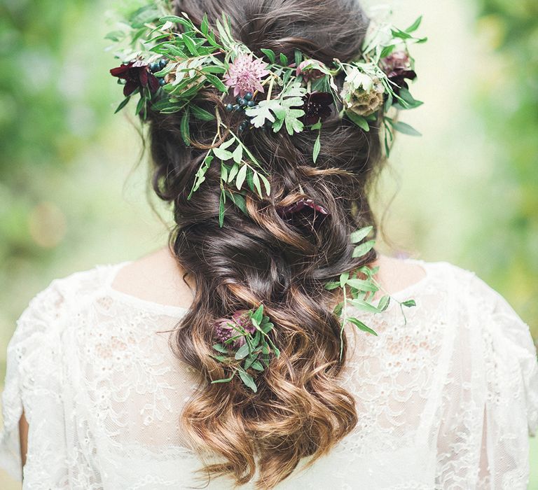 Fishtail Braid With Foliage & Fresh Flowers For Bride