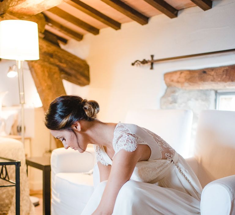 Bride in Laure de Sagazan Wedding Dress & Minelli Shoes