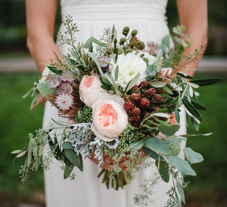 Greenery, Fruits & Pink Flower Wedding Bouquet