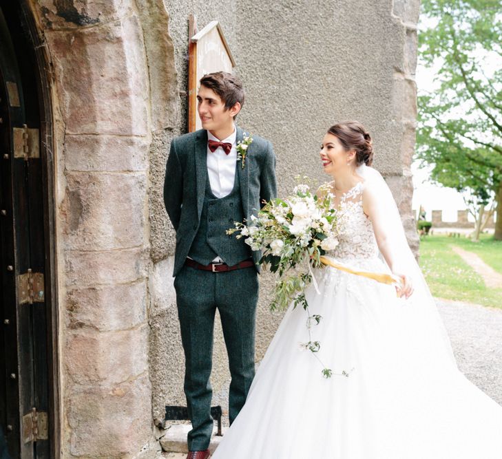 Pronovias Taciana Bridal Gown | Groom in Tweed Suit | Greenery & White Marquee Wedding at The Villa, Levens with Copper Details | Bowtie and Belle Photography