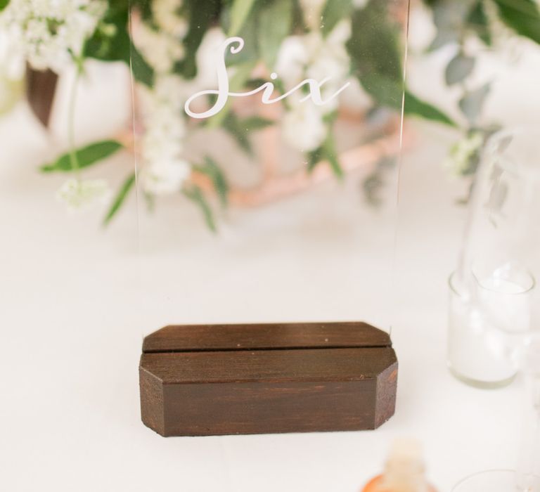 Perspex Table Numbers | Greenery & White Marquee Wedding at The Villa, Levens with Copper Details | Bowtie and Belle Photography