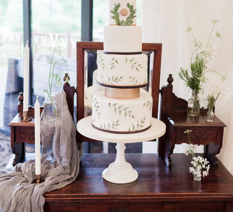 Elegant White, Green & Copper Wedding Cake