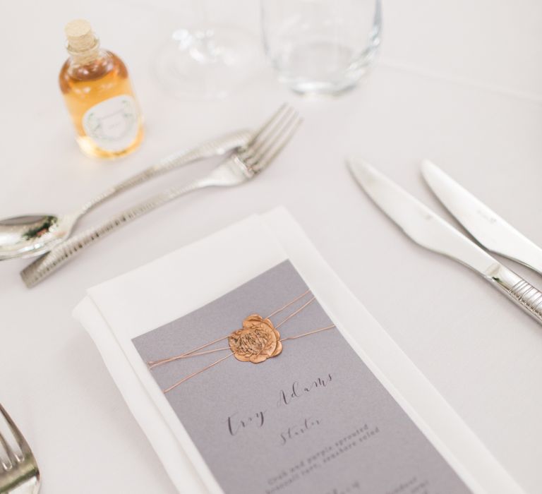 Grey Menu Card with Copper Wax Seal | Greenery & White Marquee Wedding at The Villa, Levens with Copper Details | Bowtie and Belle Photography