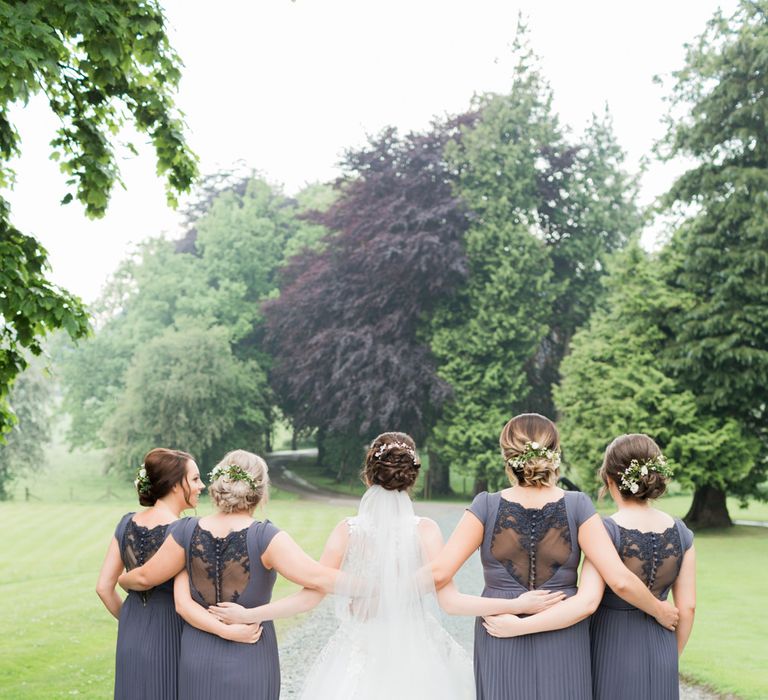 Bridesmaids in Lace Back ASOS Grey Dresses | Greenery & White Marquee Wedding at The Villa, Levens with Copper Details | Bowtie and Belle Photography