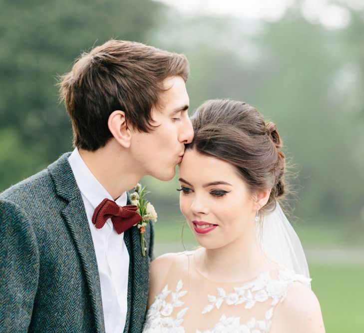 Pronovias Taciana Bridal Gown | Groom in Tweed Suit | Greenery & White Marquee Wedding at The Villa, Levens with Copper Details | Bowtie and Belle Photography