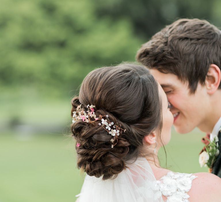 Pronovias Taciana Bridal Gown | Groom in Tweed Suit | Greenery & White Marquee Wedding at The Villa, Levens with Copper Details | Bowtie and Belle Photography