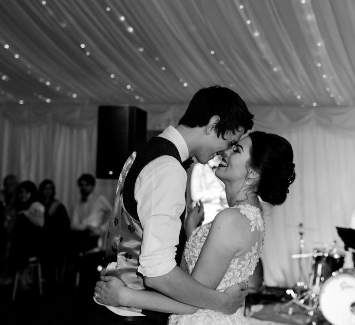 First Dance | Pronovias Taciana Bridal Gown | Groom in Tweed Suit | Greenery & White Marquee Wedding at The Villa, Levens with Copper Details | Bowtie and Belle Photography