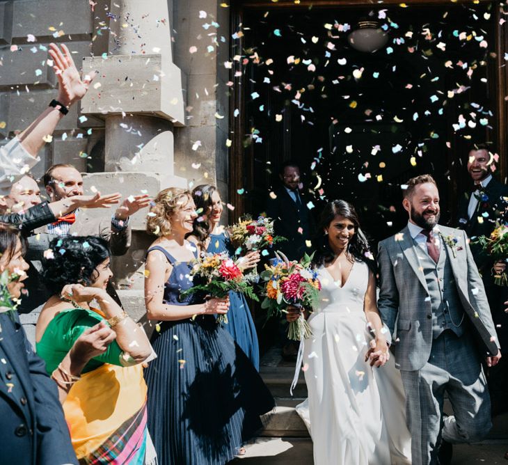 Confetti Moment | Bride in Charlie Brear | Groom in Reiss Suit | Guildhall in Bath | Andrew Brannan Photography