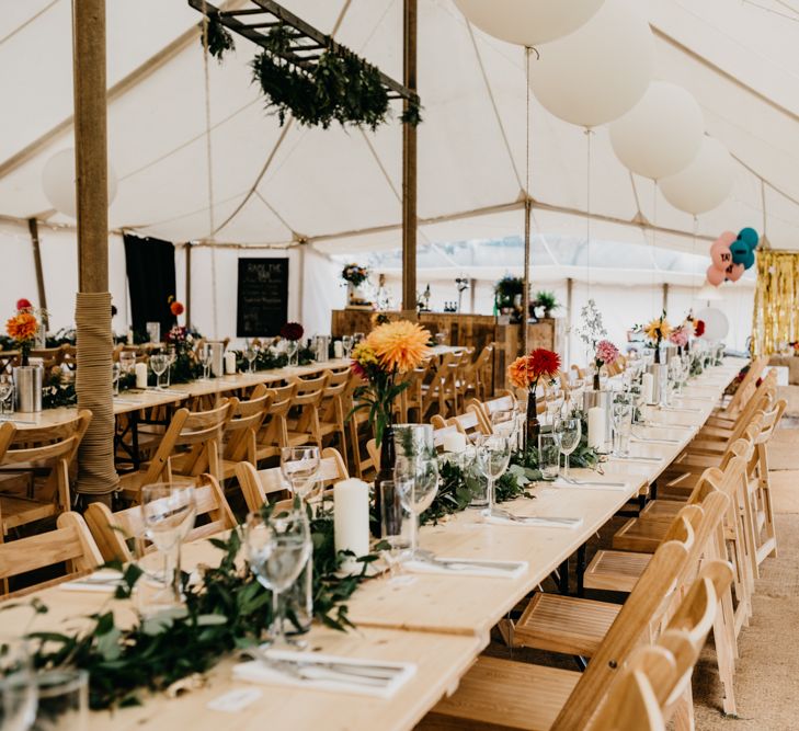 Marquee Wedding | Trestle Tables | Wild Flowers in Jars | Balloons | Hanging Greenery Installations | Andrew Brannan Photography