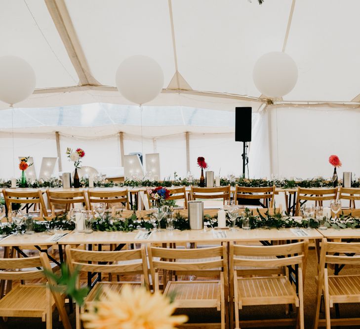 Marquee Wedding | Trestle Tables | Wild Flowers in Jars | Balloons | Hanging Greenery Installations | Andrew Brannan Photography