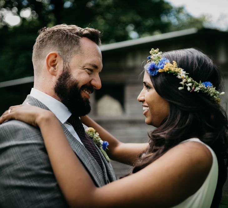 Bride in Charlie Brear & Flower Crown | Groom in Reiss Suit | Andrew Brannan Photography