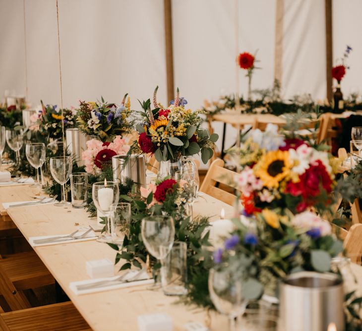 Wild Flowers Centrepieces | Marquee Wedding | Trestle Tables | Andrew Brannan Photography