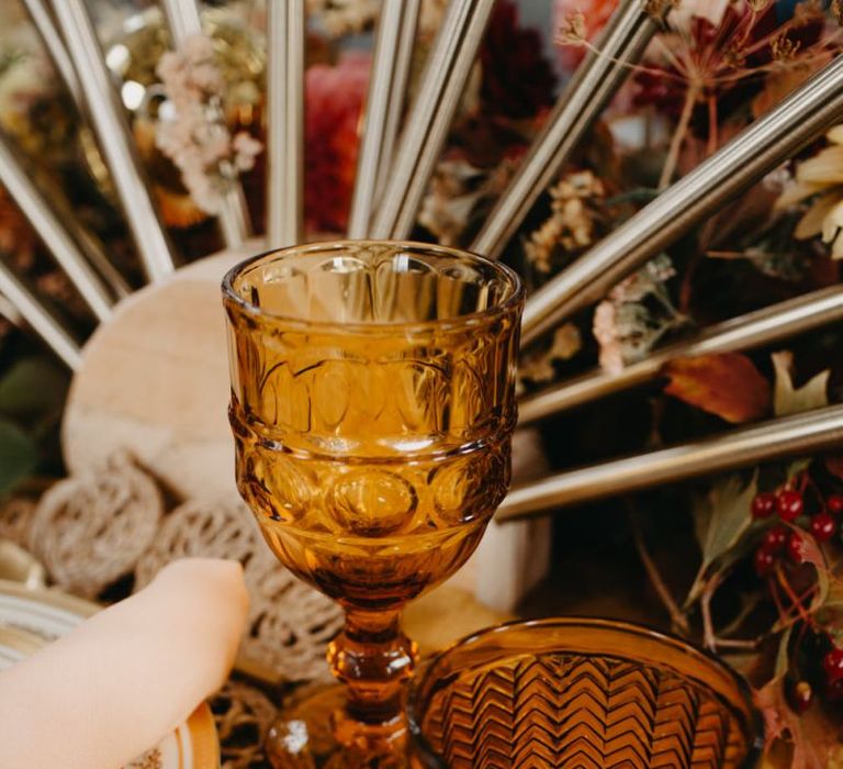 Brown coloured goblets for 70s Disco themed wedding