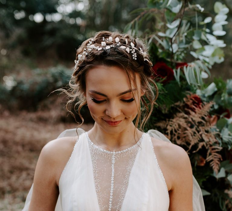 V front bridal Gown with Sheer Detail and beading.