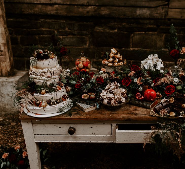 Vintage  Dresser Dessert Table with Meringue Cake &amp; Small Treats