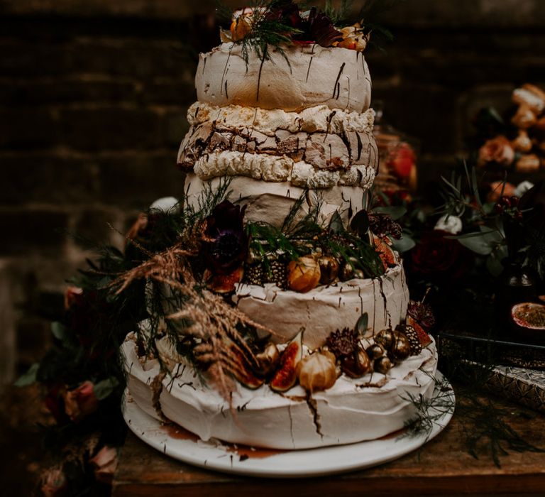 Meringue Wedding Cake with Figs &amp; Foliage Decor