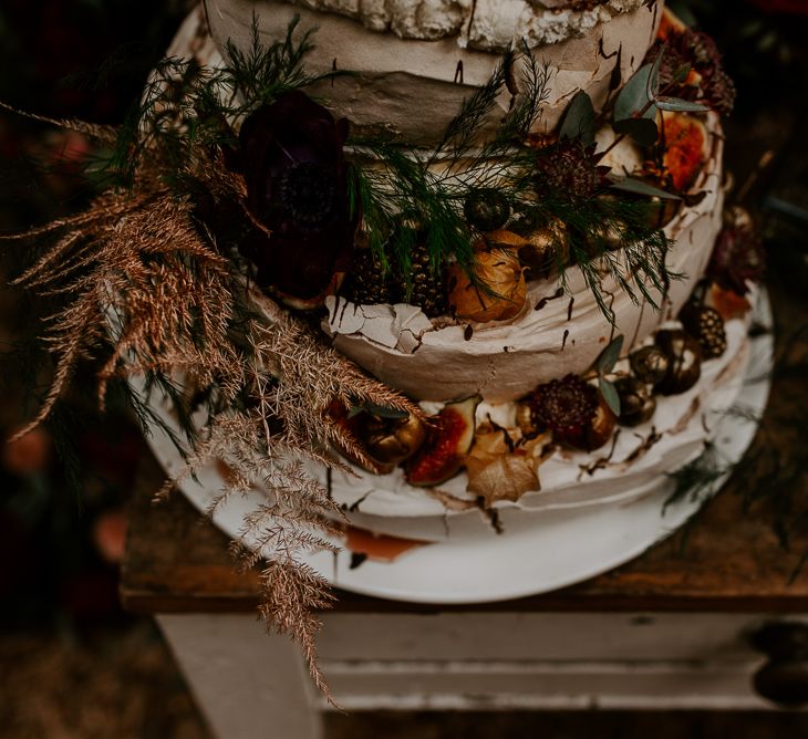 Meringue Tower Wedding Cake with Foliage &amp; Ferns Wedding Flower Decor