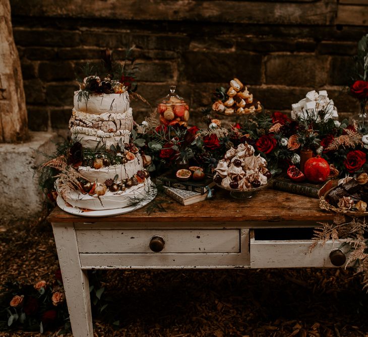 Vintage Dresser Dessert Table with Meringue Tower Wedding Cake and Bitesized Treats