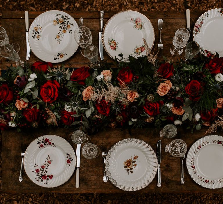 Place Settings with Vintage China, Cut Glass and Floral Table Runner Centrepiece