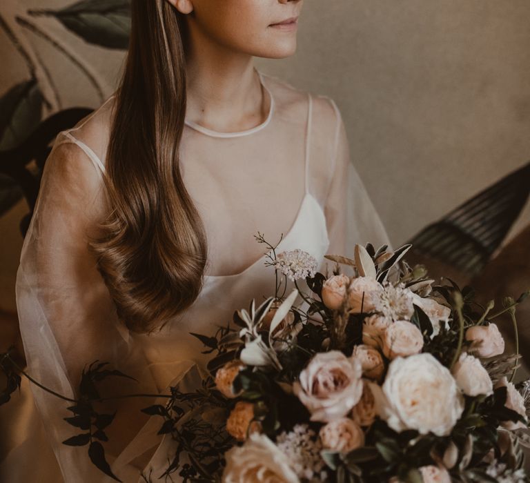 Beautiful Bride in Sheer Front &amp; Sleeved Wedding Dress and Gold Hair Band | Romantic Pink and Gold Wedding Inspiration in a Modern Summer House at Garthmyl Hall by KnockKnockPenny Studio | Nesta Lloyd Photography