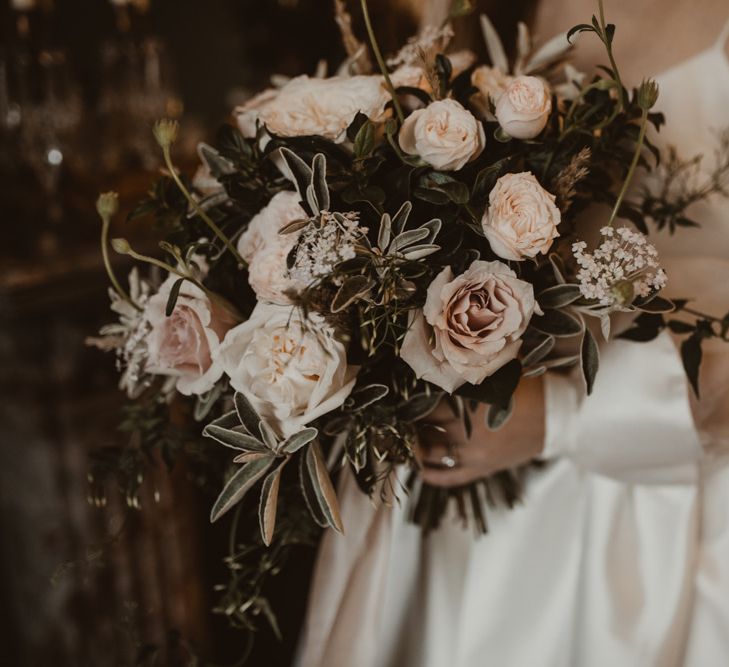 Romantic Pink Roses &amp; Foliage Wedding Bouquet | Romantic Pink and Gold Wedding Inspiration in a Modern Summer House at Garthmyl Hall by KnockKnockPenny Studio | Nesta Lloyd Photography