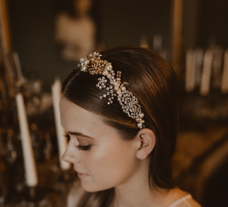 Intricate Gold &amp; Sparkle Bridal Headdress | Romantic Pink and Gold Wedding Inspiration in a Modern Summer House at Garthmyl Hall by KnockKnockPenny Studio | Nesta Lloyd Photography