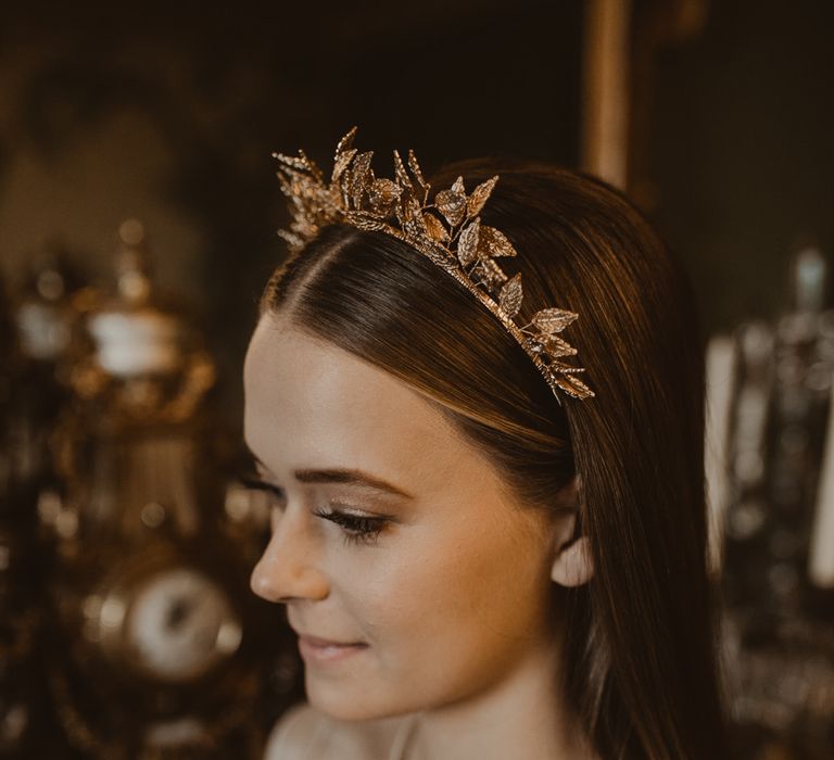 Luxe Gold Leaf Bridal Hair Accessory | Romantic Pink and Gold Wedding Inspiration in a Modern Summer House at Garthmyl Hall by KnockKnockPenny Studio | Nesta Lloyd Photography