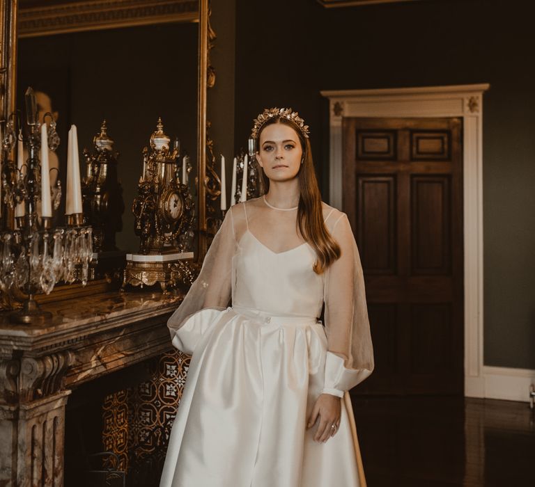 Beautiful Bride in Sheer Front &amp; Long Sleeved Wedding Dress with Gold Hair Band | Romantic Pink and Gold Wedding Inspiration in a Modern Summer House at Garthmyl Hall by KnockKnockPenny Studio | Nesta Lloyd Photography