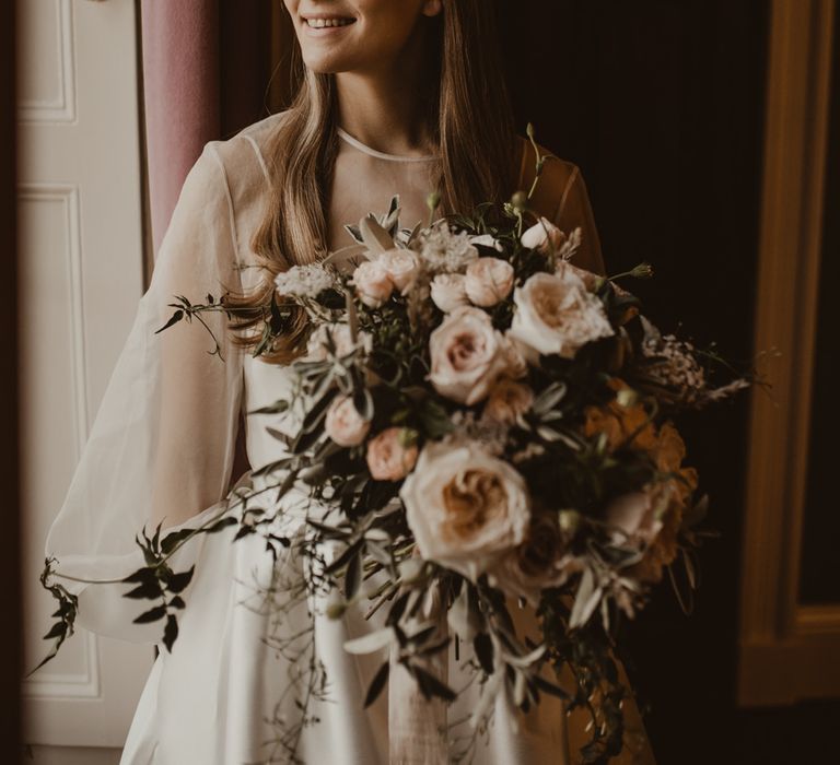 Beautiful Bride in Sheer Front &amp; Long Sleeved Wedding Dress with Gold Hair Band | Romantic Pink and Gold Wedding Inspiration in a Modern Summer House at Garthmyl Hall by KnockKnockPenny Studio | Nesta Lloyd Photography