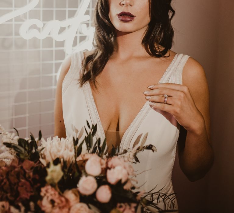 Bride in V Neck Front Wedding Dress | Romantic Pink and Gold Wedding Inspiration in a Modern Summer House at Garthmyl Hall by KnockKnockPenny Studio | Nesta Lloyd Photography