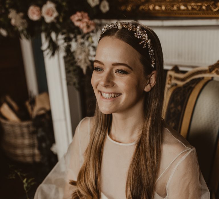 Beautiful Bride in Sheer Front &amp; Long Sleeved Wedding Dress with Gold Hair Band | Romantic Pink and Gold Wedding Inspiration in a Modern Summer House at Garthmyl Hall by KnockKnockPenny Studio | Nesta Lloyd Photography