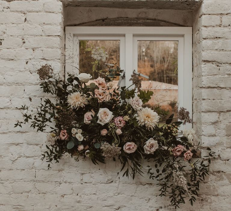 Romantic Floral Arrangement with Pink Roses, Dahlias, Hydrangeas &amp; Foliage | Romantic Pink and Gold Wedding Inspiration in a Modern Summer House at Garthmyl Hall by KnockKnockPenny Studio | Nesta Lloyd Photography