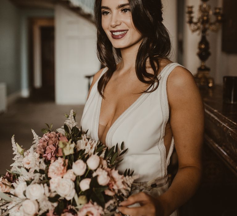 Beautiful Bride in V Neck Strap Wedding Dress with Front Split | Romantic Pink and Gold Wedding Inspiration in a Modern Summer House at Garthmyl Hall by KnockKnockPenny Studio | Nesta Lloyd Photography