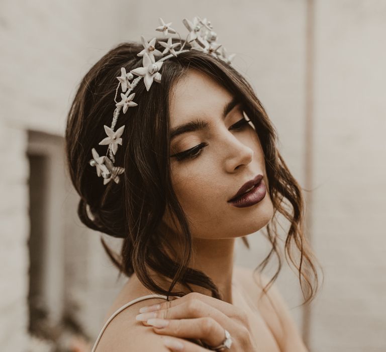 Beautiful Bride with Bridal Up Do &amp; Star Headdress |  | Romantic Pink and Gold Wedding Inspiration in a Modern Summer House at Garthmyl Hall by KnockKnockPenny Studio | Nesta Lloyd Photography