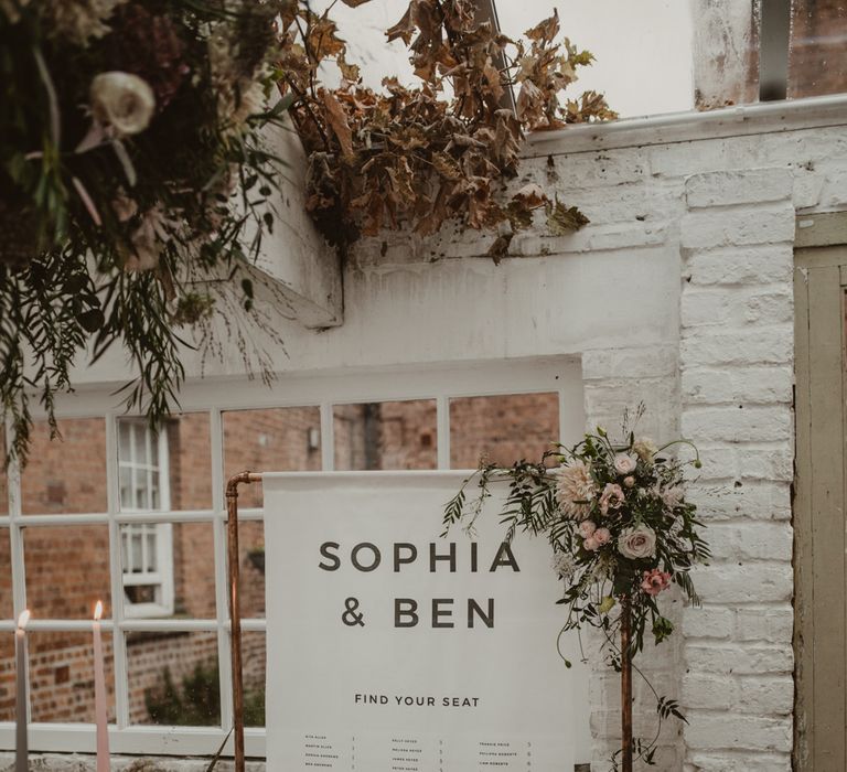 Copper Frame &amp; Flag Table Plan with Floral Decor |  | Romantic Pink and Gold Wedding Inspiration in a Modern Summer House at Garthmyl Hall by KnockKnockPenny Studio | Nesta Lloyd Photography