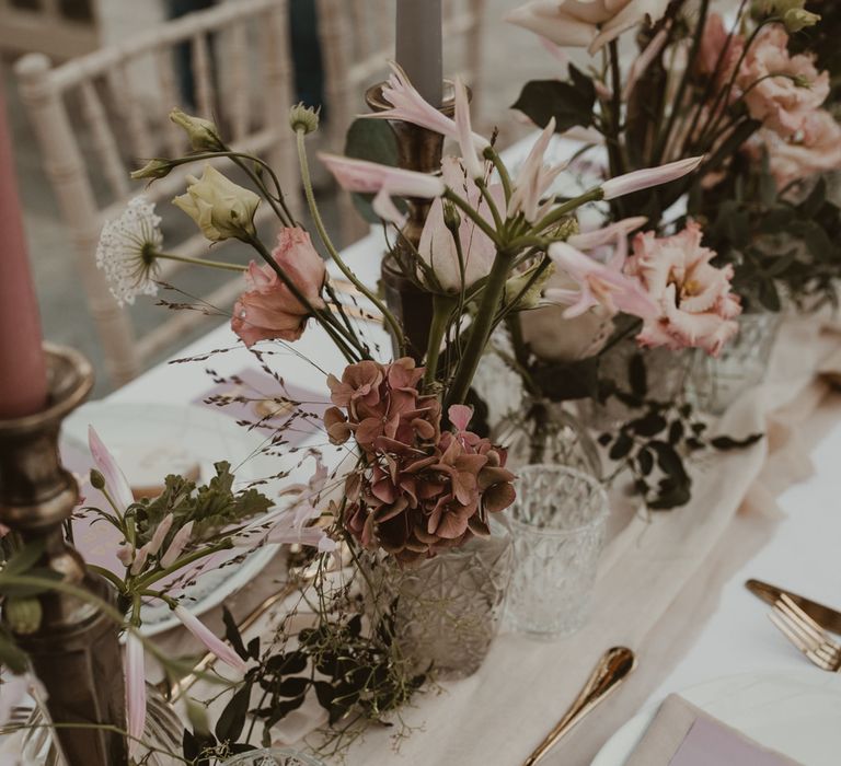 Tablescape with Blush Pink Flowers, Cut Glass Vases &amp; Gold Foil Wedding Stationery | Romantic Pink and Gold Wedding Inspiration in a Modern Summer House at Garthmyl Hall by KnockKnockPenny Studio | Nesta Lloyd Photography