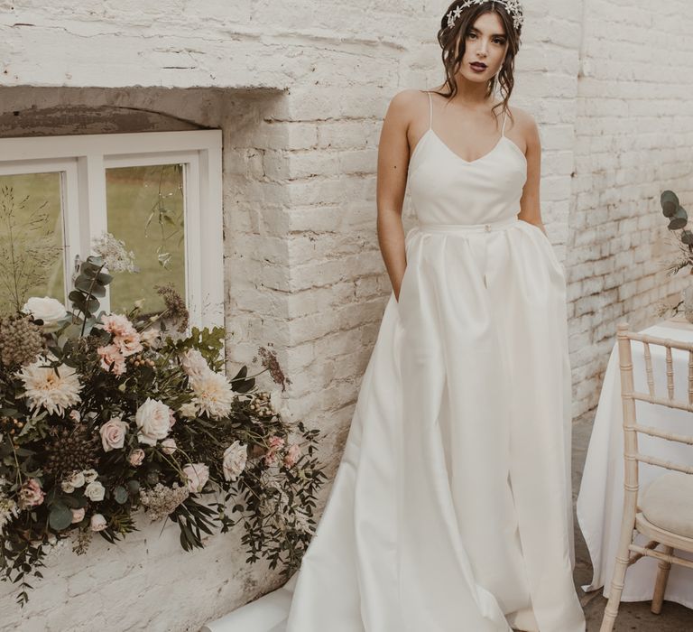 Bride in Spaghetti Strap Dress &amp; Star Headpiece  | Romantic Pink and Gold Wedding Inspiration in a Modern Summer House at Garthmyl Hall by KnockKnockPenny Studio | Nesta Lloyd Photography